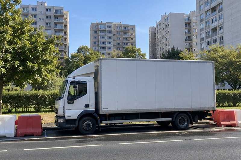 Camion dans un renfoncement du boulevard : chantier Rue de la Folle Avoine