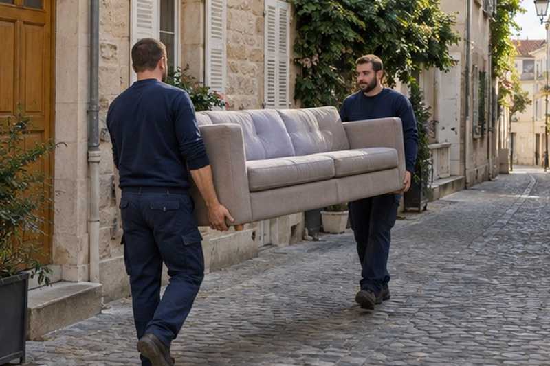 Canapé porté dans une ruelle piétonne