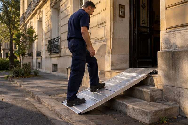 Rampe aluminium sur trois marches : chantier Rue Anquetil