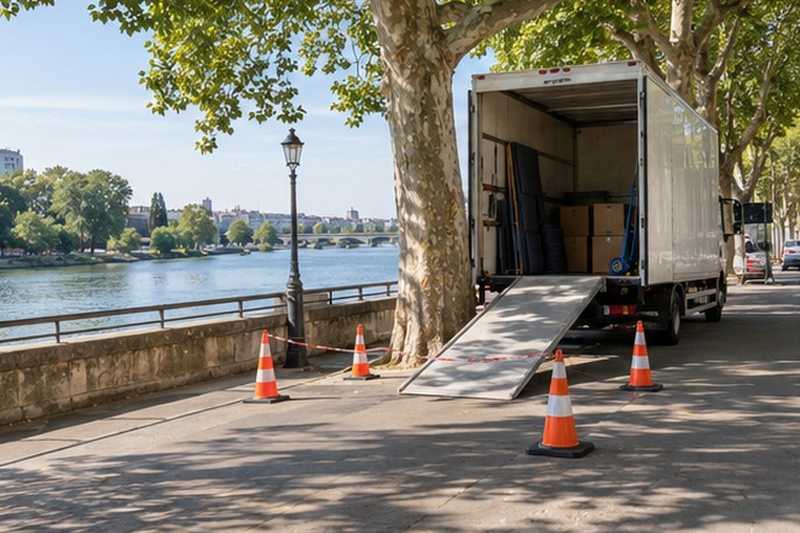 Camion sous les platanes du quai