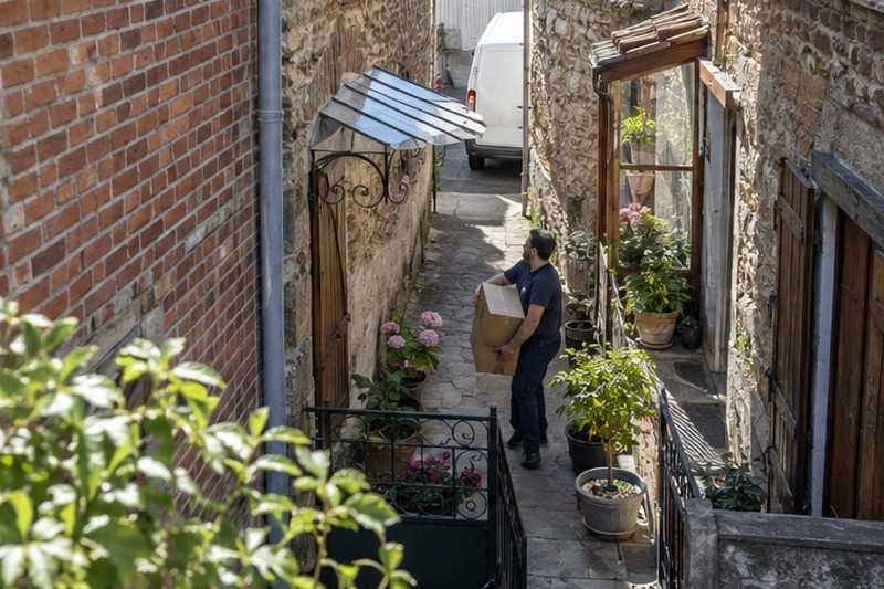 Passage étroit entre maisons de brique : chantier Rue Albert Camus