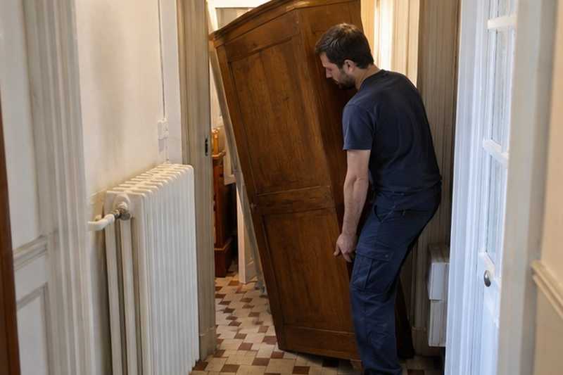 Armoire inclinée dans un hall exigu : chantier Rue Alphonse Daudet