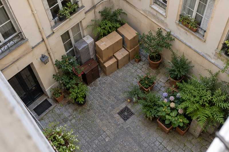 Cartons dans une courette : chantier Rue Berthelot