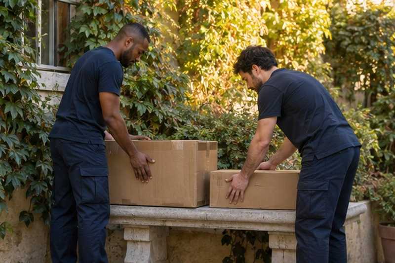 Cartons posés sur un banc de pierre : chantier Rue de la Haute Borne