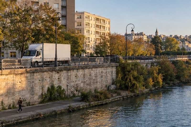 Camion garé le long de la Seine : chantier Rue Alfred de Musset
