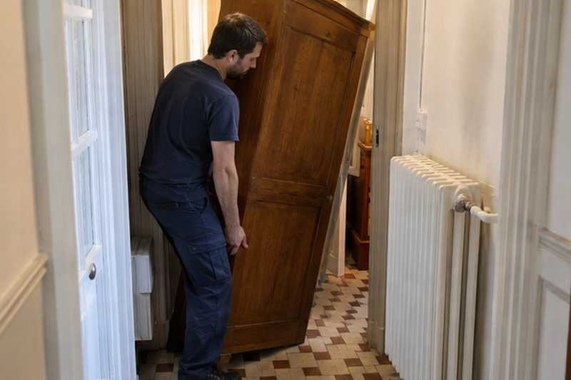 Armoire inclinée dans un hall exigu : chantier Rue Antoine de Saint-Exupéry