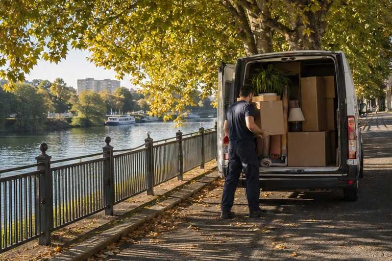 Utilitaire sous les tilleuls d’un chemin : chantier Rue Basset