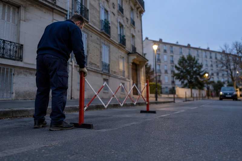 Barrière posée au lever du jour : chantier Rue André Le Nôtre