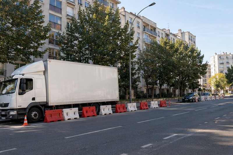 Camion stationné entre barrières sur l’avenue