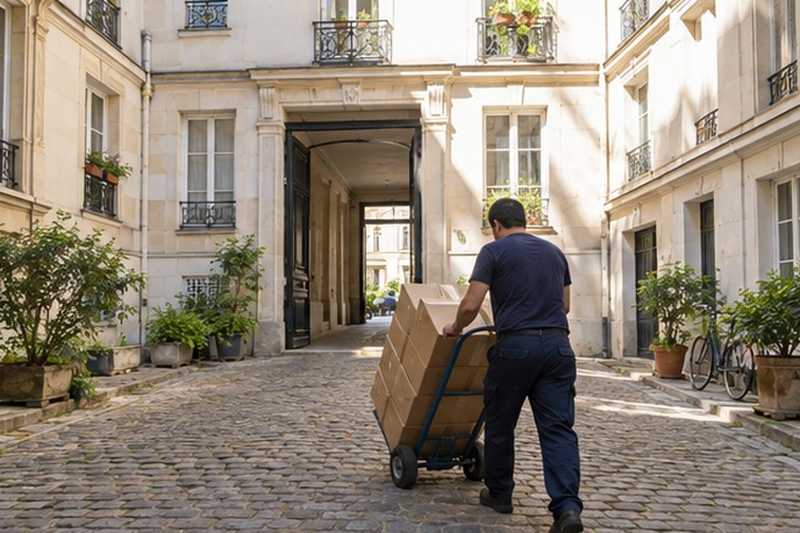 Chariot traversant une cour pavée : chantier Rue de l’Osier