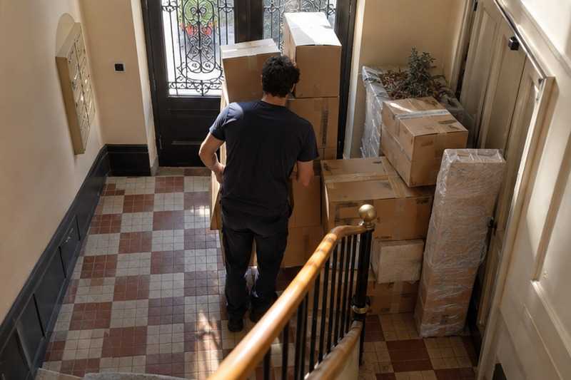 Cartons dans un hall étroit : chantier Rue de la Champagne