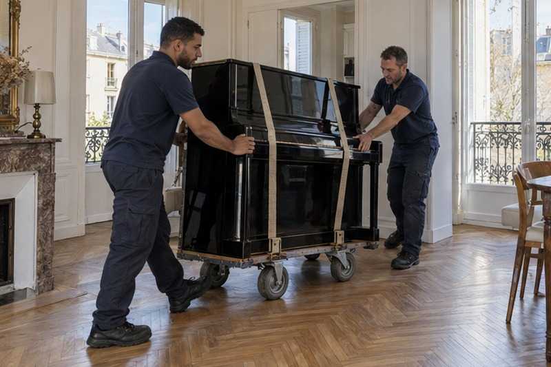 Piano droit sur chariot spécial : chantier Rue Anatole France