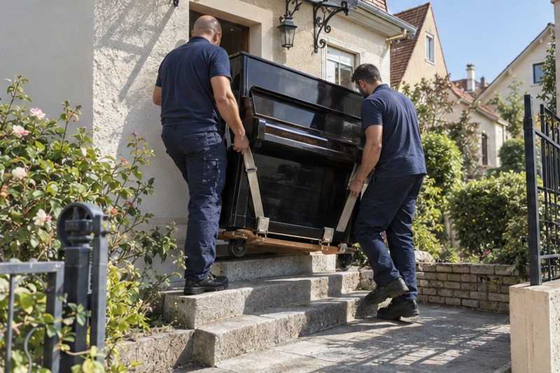 Piano droit hissé sur deux marches : chantier Rue de la Cressonniere