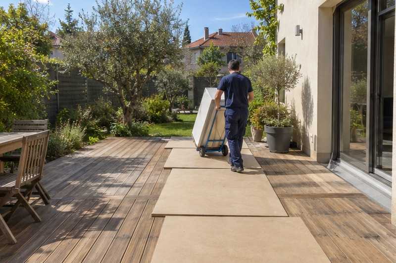 Panneaux sur la terrasse en bois