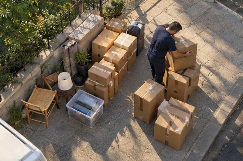 Cartons groupés par pièce sur le trottoir : chantier Rue Baltard
