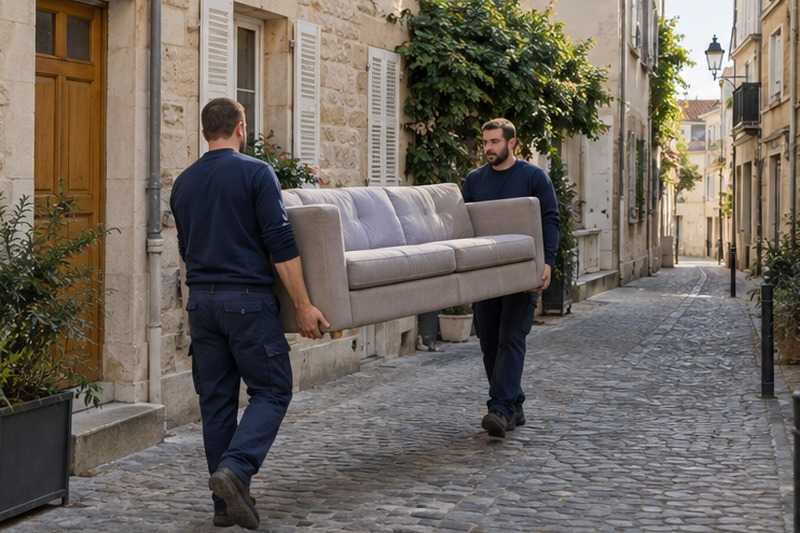 Canapé porté dans une ruelle piétonne
