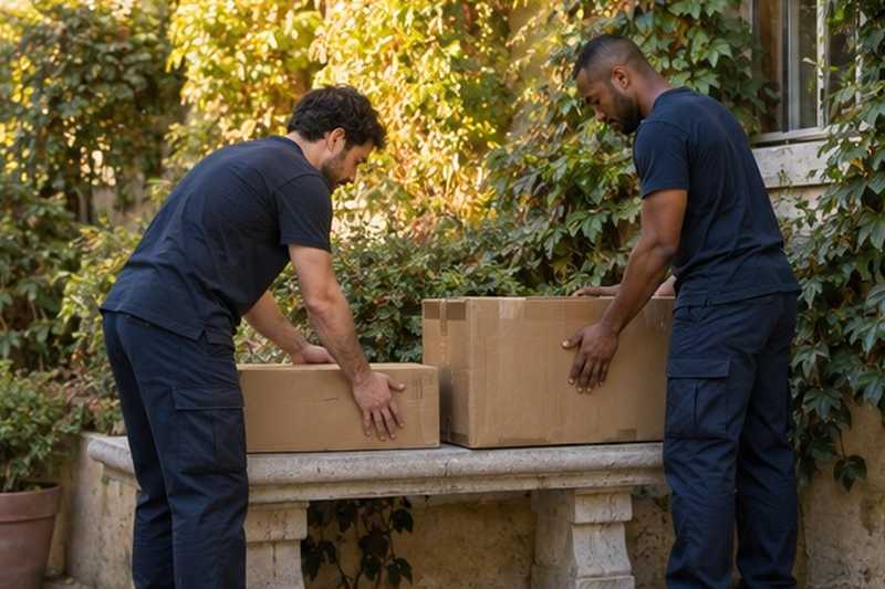 Cartons posés sur un banc de pierre : chantier Rue Adam