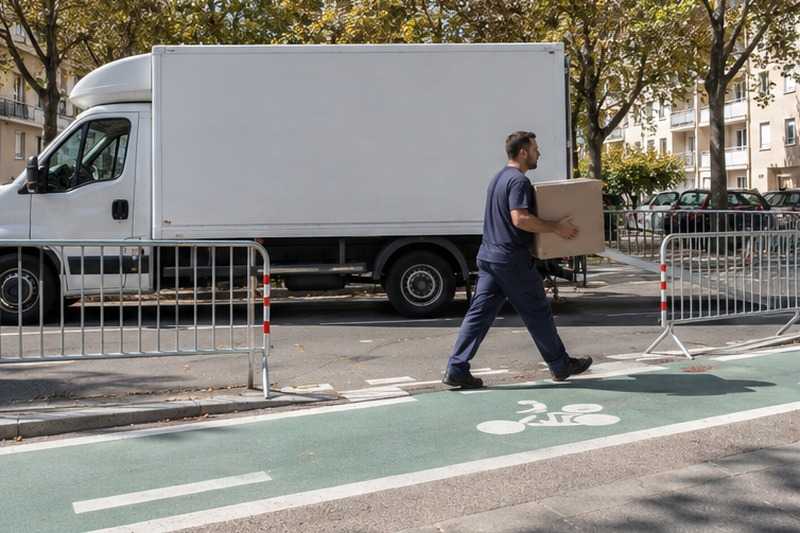Camion le long d’une piste cyclable : chantier Rue Albert de Mun