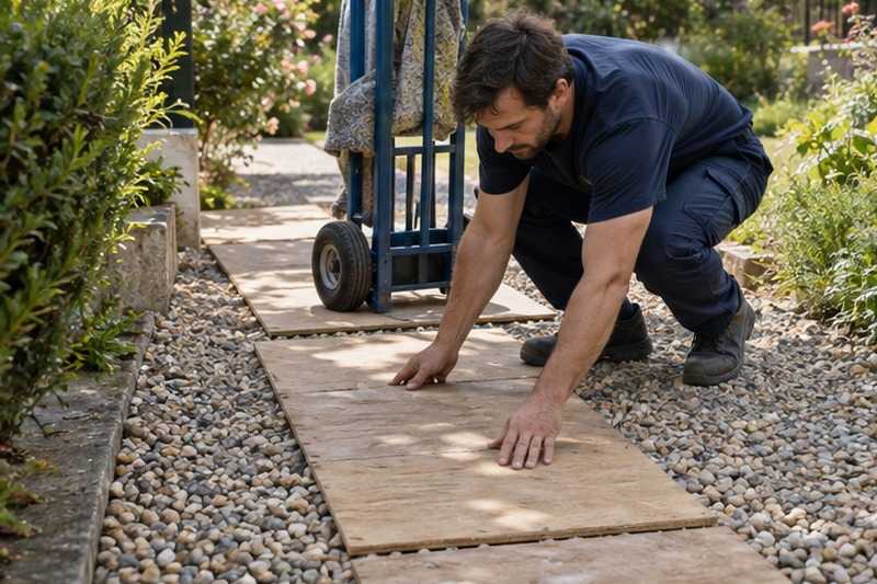 Planches posées sur les gravillons : chantier Rue Alexandre Dumas
