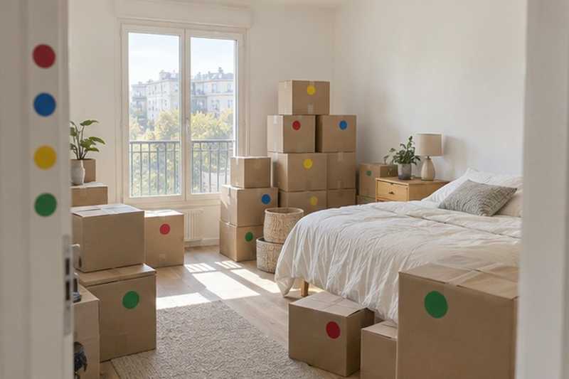 Cartons répartis par pièce à l’arrivée, Saint-Maurice
