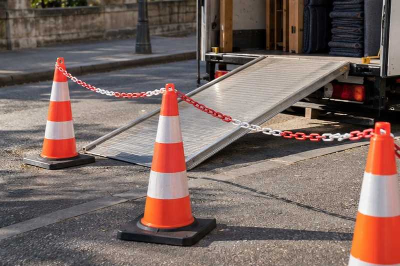 Cônes devant la rampe du camion : chantier Rue Aristide Briand