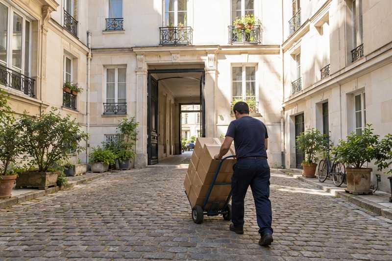 Chariot traversant une cour pavée : chantier Rue de la Pompe