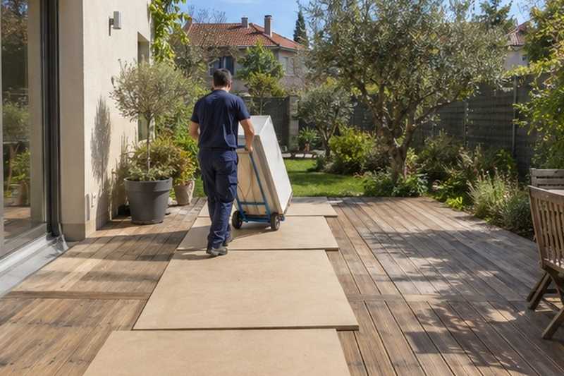 Panneaux sur la terrasse en bois