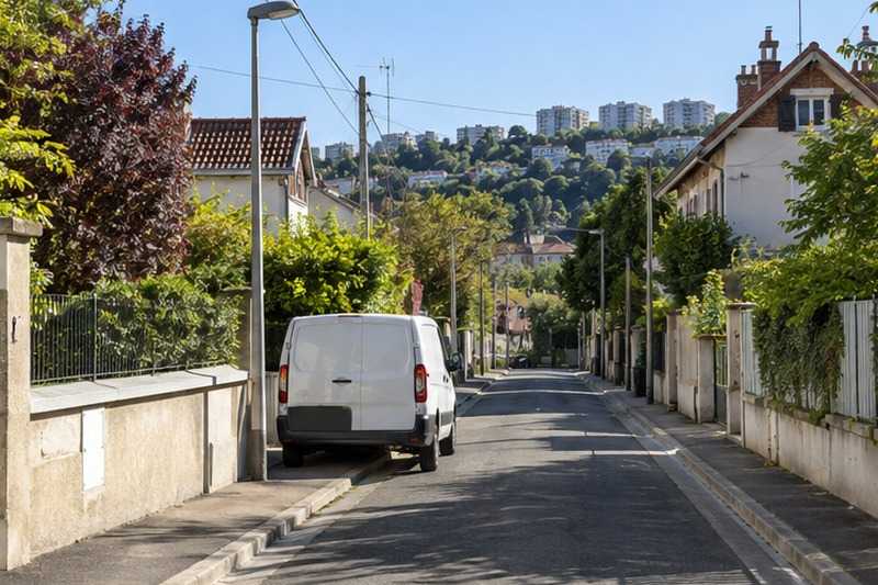 Petit camion dans une rue à voie unique : chantier Rue Albert Roussel