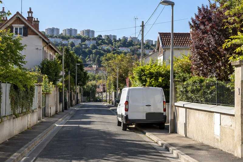 Petit camion dans une rue à voie unique : chantier Avenue Benoit Lévy