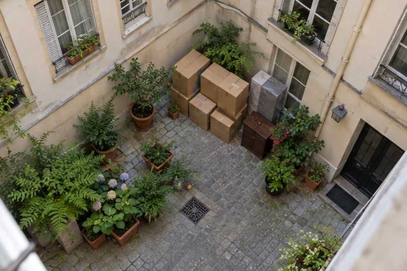 Cartons dans une courette : chantier Avenue Albert Perrault