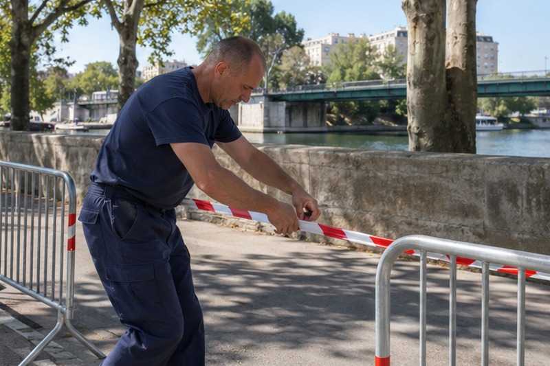 Rubalise tendue entre deux barrières : chantier Rue Aux Biches