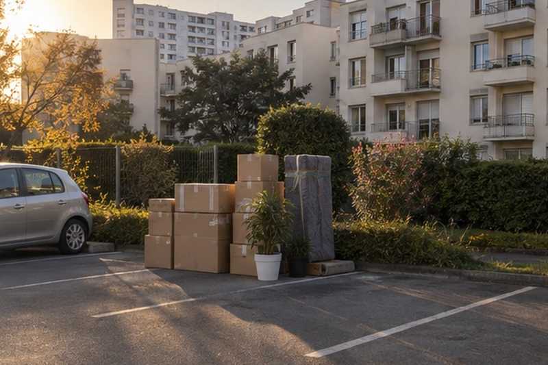 Cartons au bord d’une place vide : chantier Rue Charles Besse