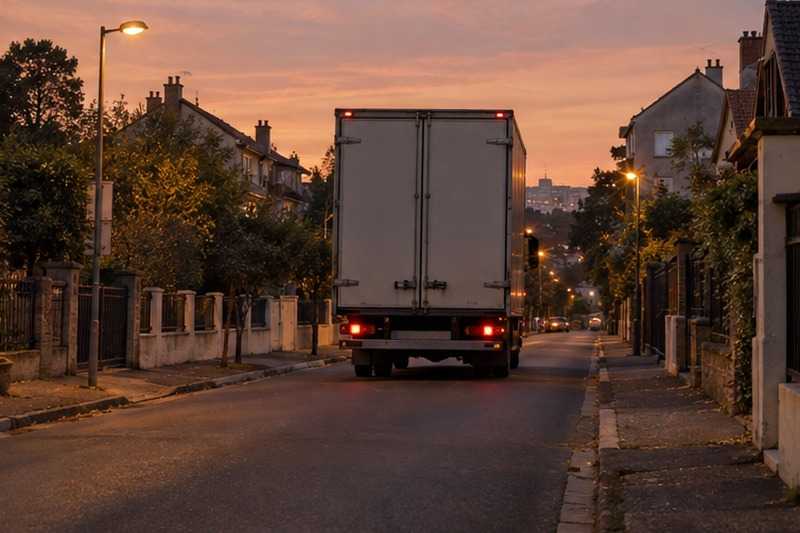 Départ du camion à la tombée du jour