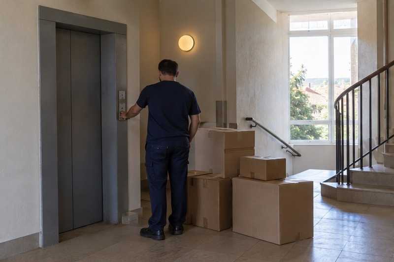Cartons en attente sur le palier : chantier Rue Adrien Mentienne