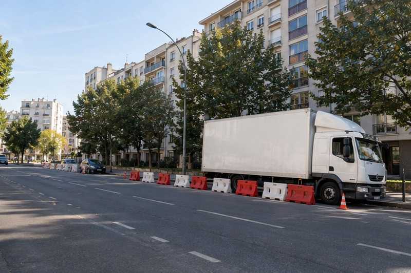 Camion stationné entre barrières sur l’avenue : chantier Rue Alfred Kastler