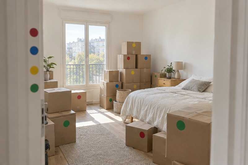 Cartons répartis par pièce à l’arrivée