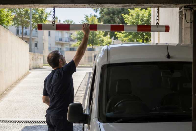 Barre de hauteur à l’entrée du parking : chantier Rue Ampère