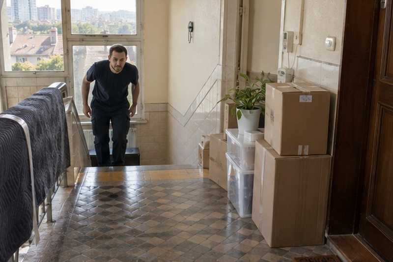 Cartons alignés au quatrième sans ascenseur : chantier Rue Auguste Perret