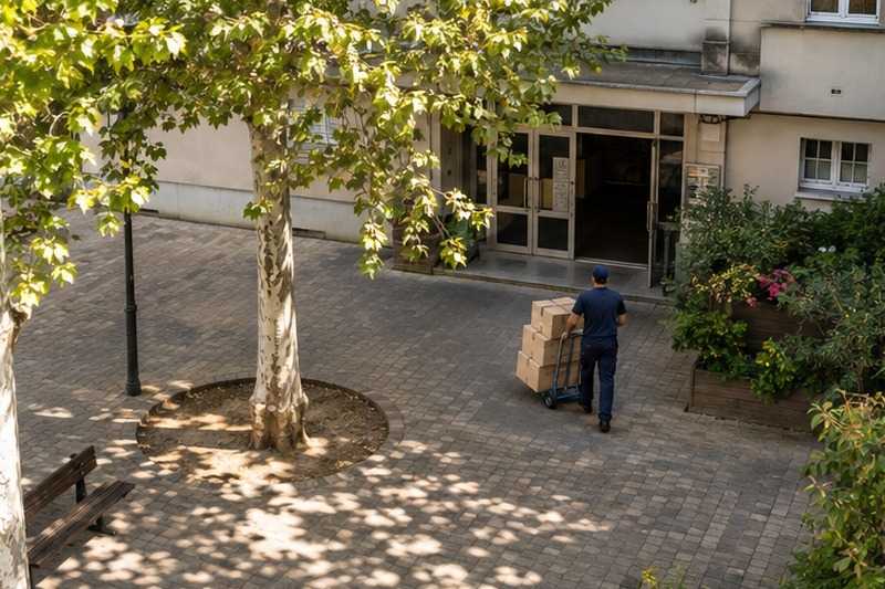 Traversée d’une place piétonne : chantier Rue Bartholdi