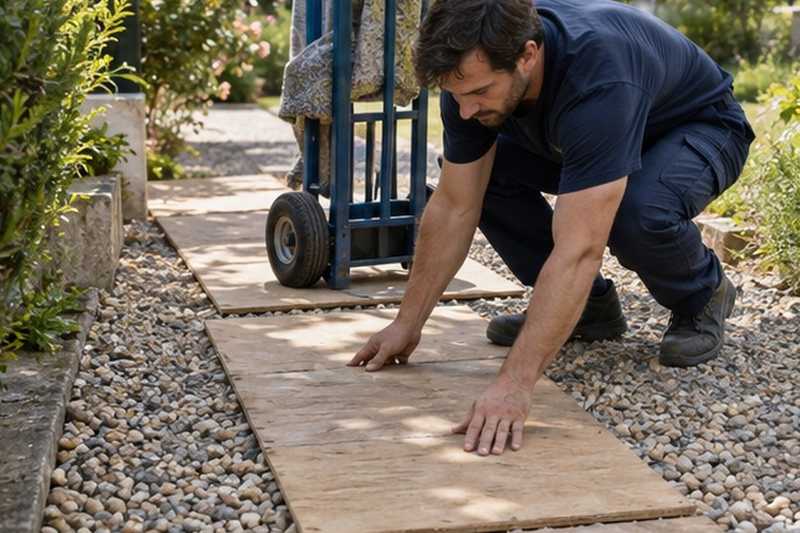 Planches posées sur les gravillons : chantier Rue Beranger
