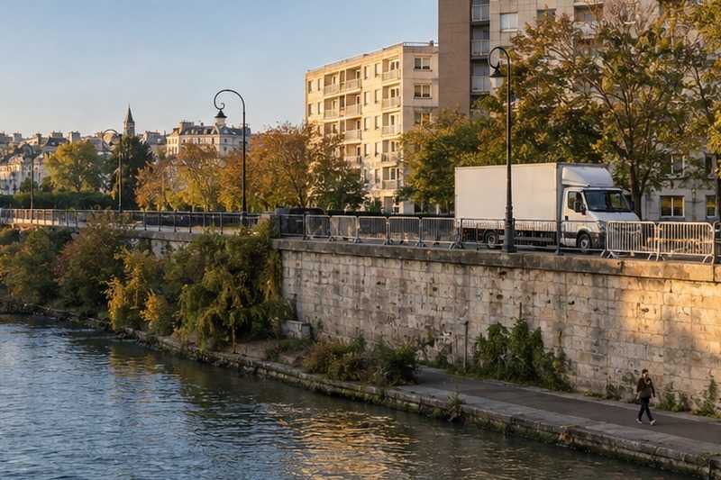 Camion garé le long de la Seine : chantier Rue de Rivoli