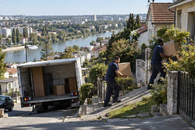 Rue en forte pente depuis la vallée : chantier Rue Abelard