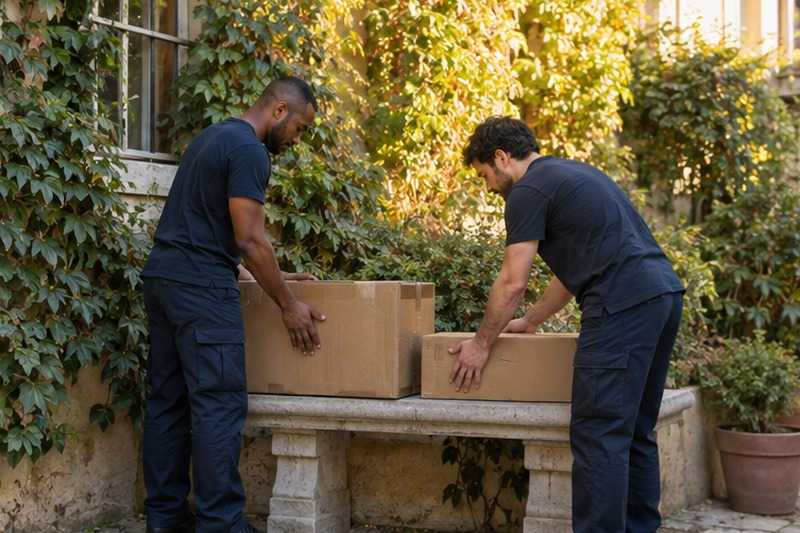 Cartons posés sur un banc de pierre : chantier Avenue du Cep