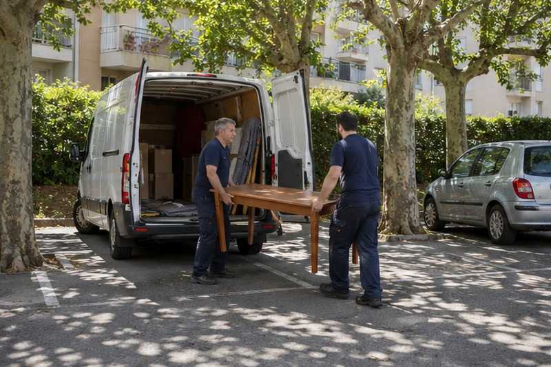 Utilitaire sur le parking arboré : chantier Rue de l’Arche