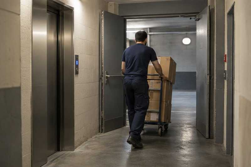 Cartons sortis du hall vers le parking : chantier Rue Alfred de Musset