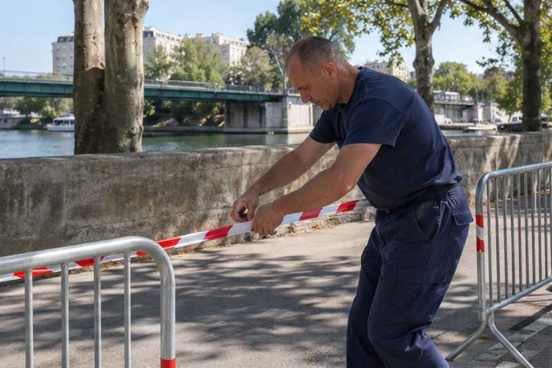 Rubalise tendue entre deux barrières : chantier Rue Anatole France