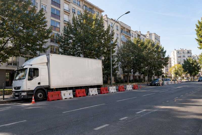 Camion stationné entre barrières sur l’avenue : chantier Rue André Robert