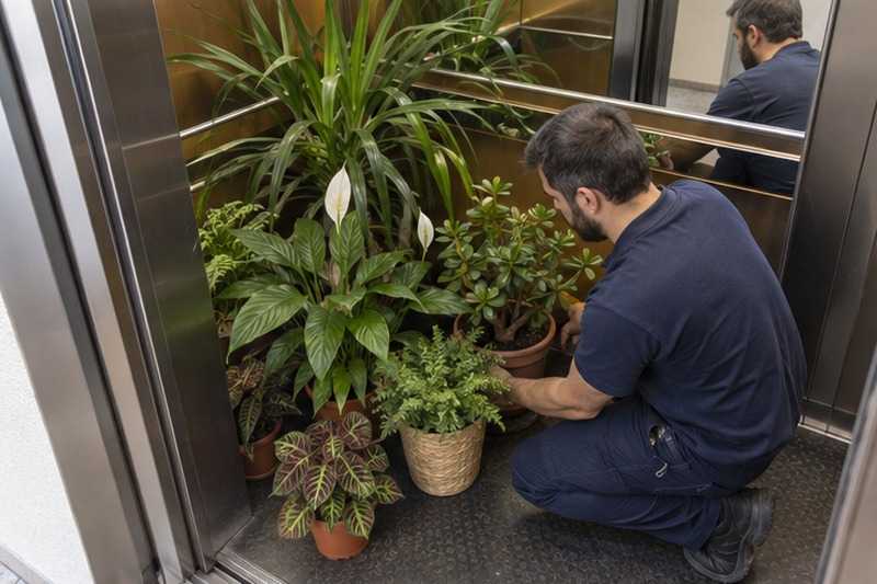 Plantes en pot dans l’ascenseur : chantier Rue Alice