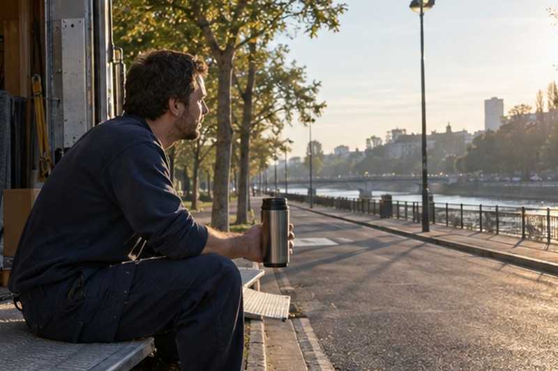 Café sur la rampe au petit matin : chantier Rue Ampère