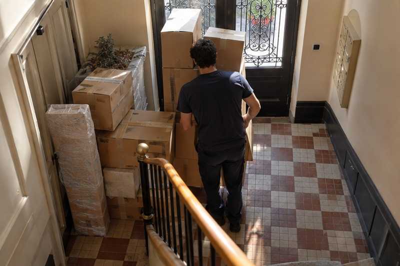 Cartons dans un hall étroit : chantier Rue Alexandre Dumas